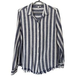 Beach Lunch Lounge Linen Blend Stripe Fringe Hem Button Down‎ Shirt Size Medium